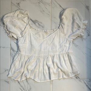 O'Neill White Eyelet Peplum Puff-Sleeve Blouse